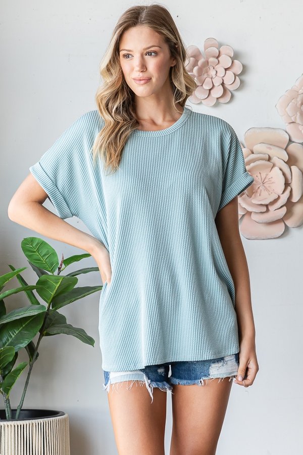 Folded Sleeve Ribbed Top { product_type }}