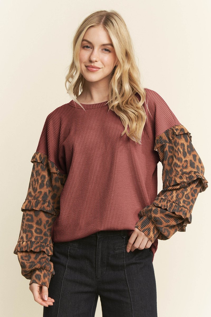 Ruffle Sleeve Animal Print Top Burgundy-Shirts & Tops-Heimish-Three Birdies Boutique, Women's Fashion Boutique Located in Kearney, MO