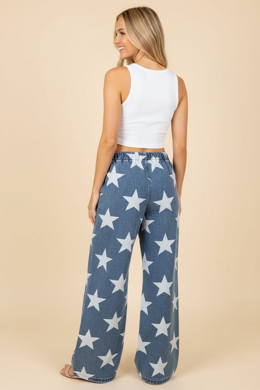 Blue Star Print Wide Leg Denim Pants { product_type }}