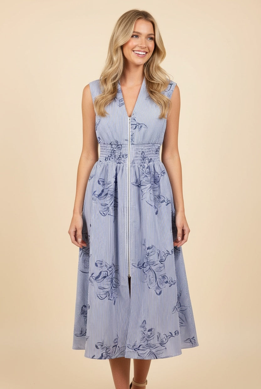 Blue Botanical Floral Zip-Front Midi Dress { product_type }}