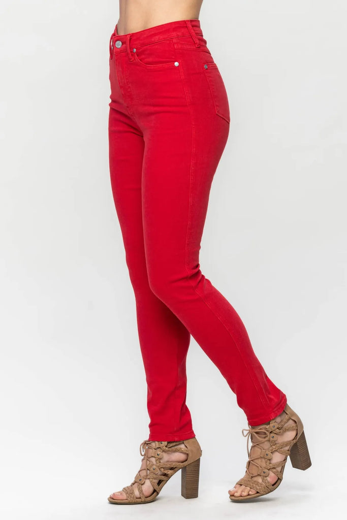 Judy Blue Red Garment Dyed Skinny-Denim-Judy Blue-Three Birdies Boutique, Women's Fashion Boutique Located in Kearney, MO