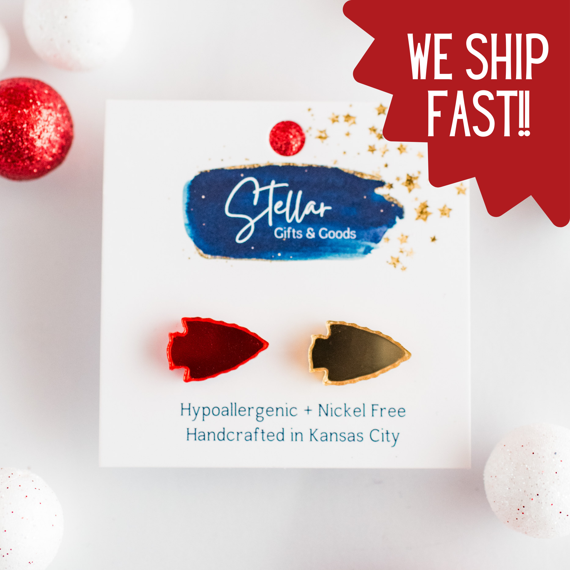 Red & Gold Mirror Arrowhead Studs - Kansas City Football-Stellar Gifts & Goods Wholesale-Three Birdies Boutique, Women's Fashion Boutique Located in Kearney, MO