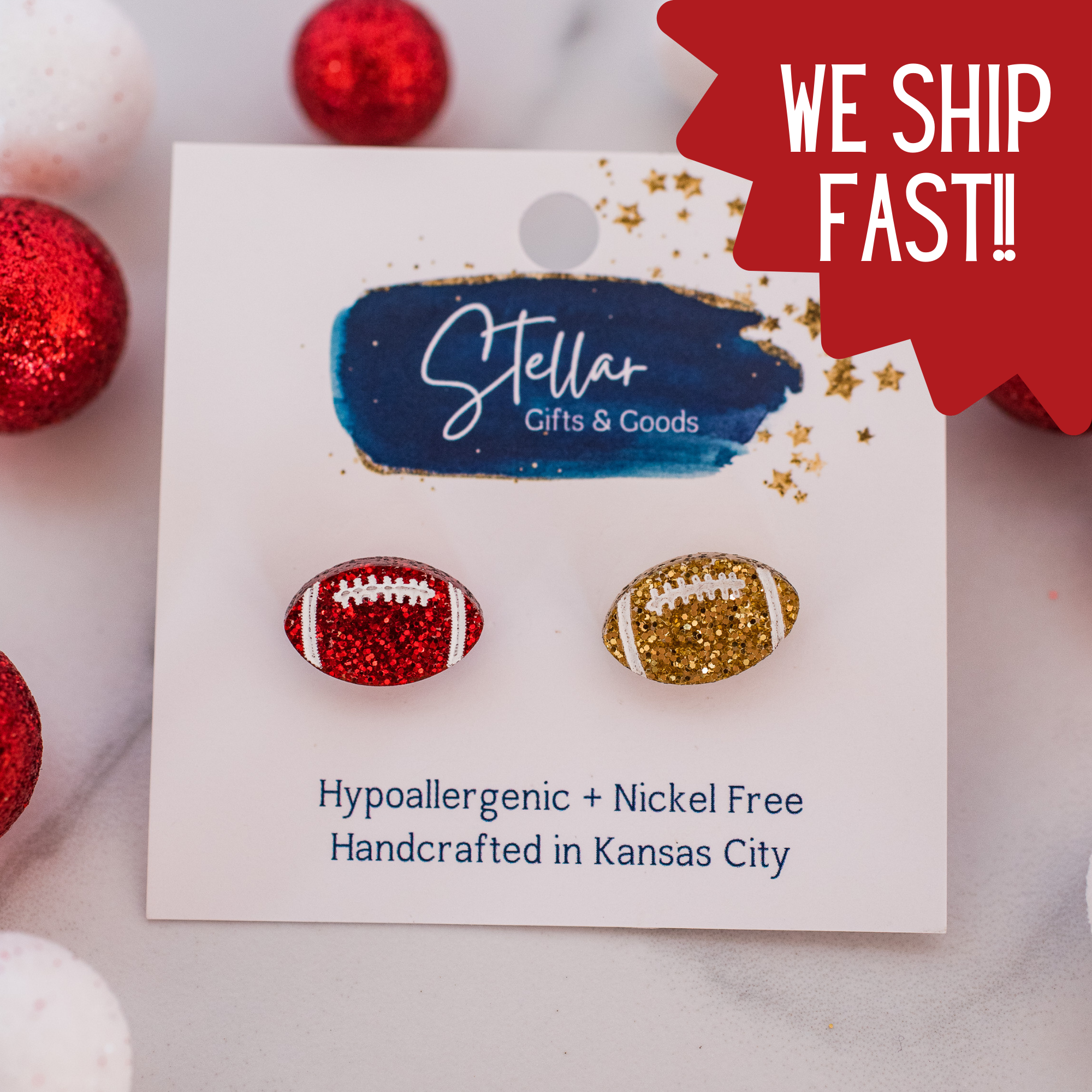 Kansas City Football Glitter Hand Painted Football Studs { product_type }}