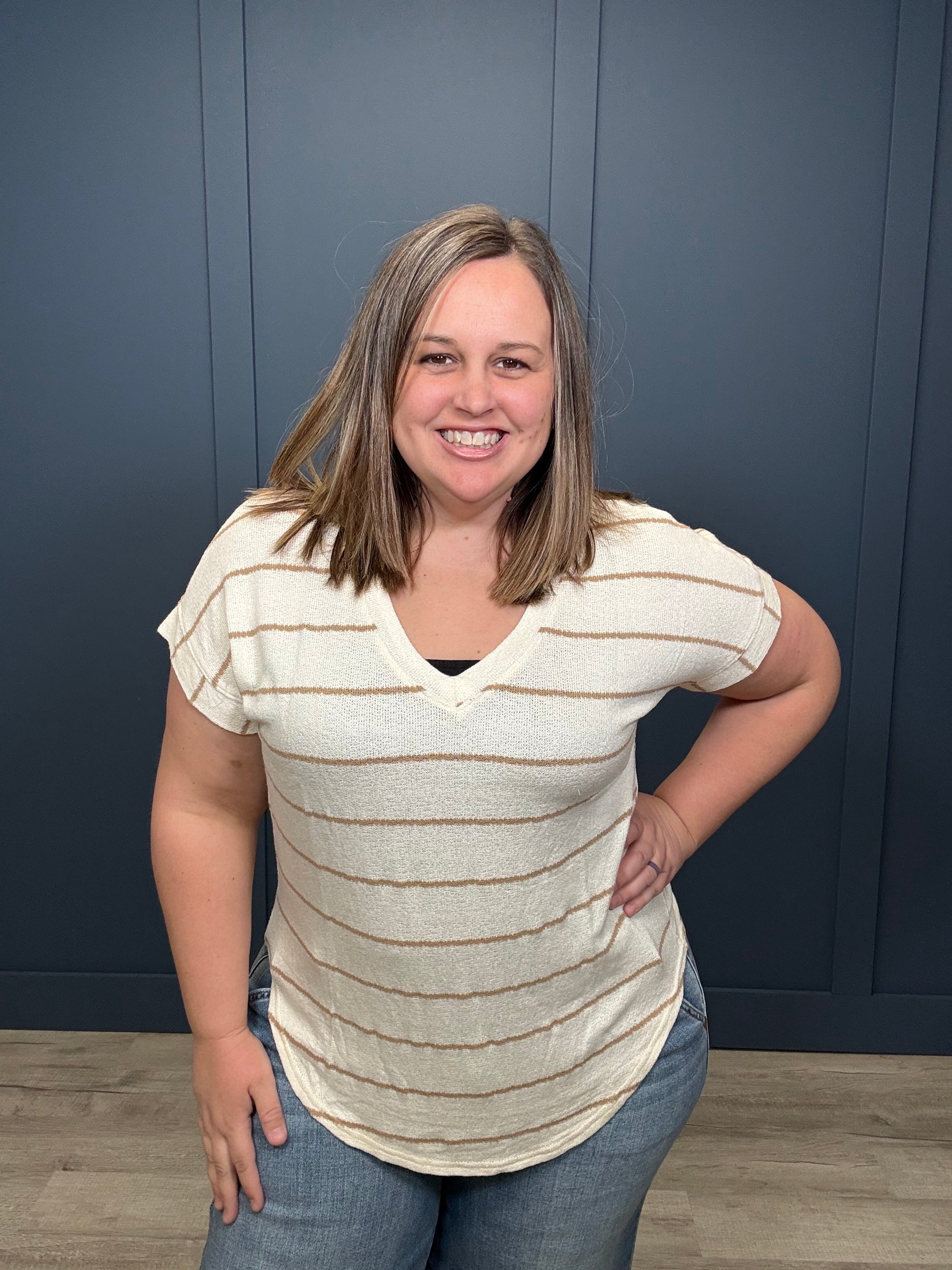 Stripe Cuffed Short Sleeve Top { product_type }}