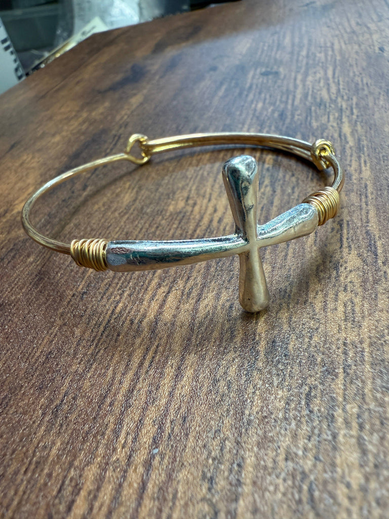 Two-tone Wire Wrapped Cross Bangle Bracelet : Silver-Paco Designs-Three Birdies Boutique, Women's Fashion Boutique Located in Kearney, MO