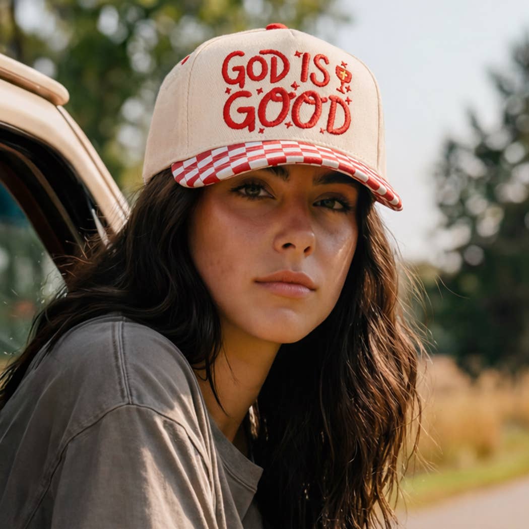 GOD IS GOOD Embroidered Checkered Brim Trucker Hat: RED / ONE SIZE { product_type }}
