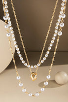 Silver Triple Layer Pearl and Chain Link Necklace { product_type }}