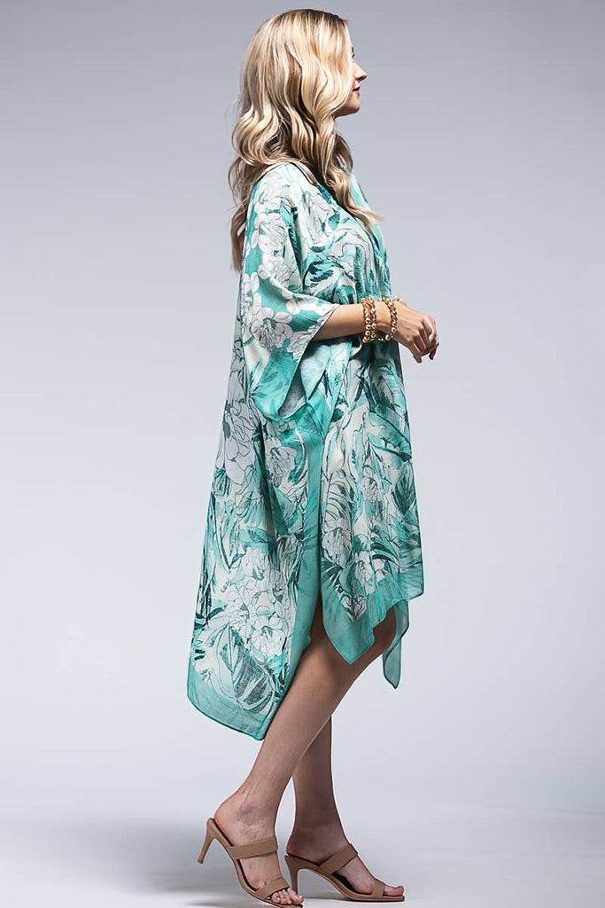 Sharon Flower Print Kimono: White Teal / OS-Urbanista-Three Birdies Boutique, Women's Fashion Boutique Located in Kearney, MO