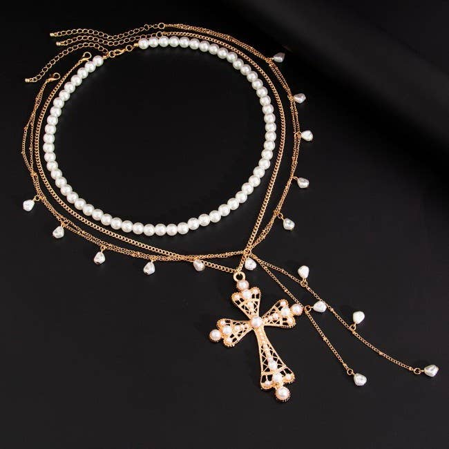 Multi-Layer Mixed Pearl Cross Y-Charm Necklace { product_type }}