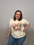 Half Mom Half Coffee Crewneck-Graphic Tees-Tres Birdos Graphic Tees-Three Birdies Boutique, Women's Fashion Boutique Located in Kearney, MO