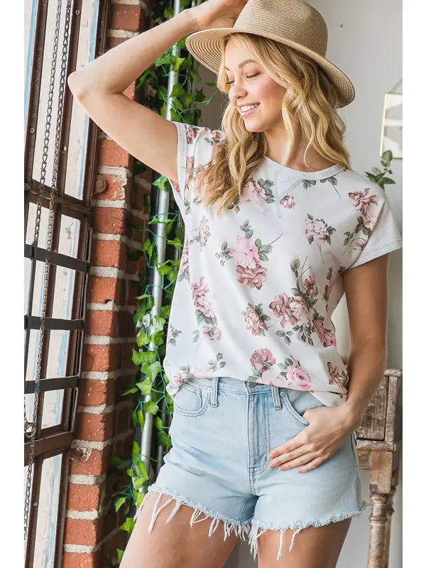 Ivory, Pink, & Sage Floral Top-Shirts & Tops-Heimish-Three Birdies Boutique, Women's Fashion Boutique Located in Kearney, MO