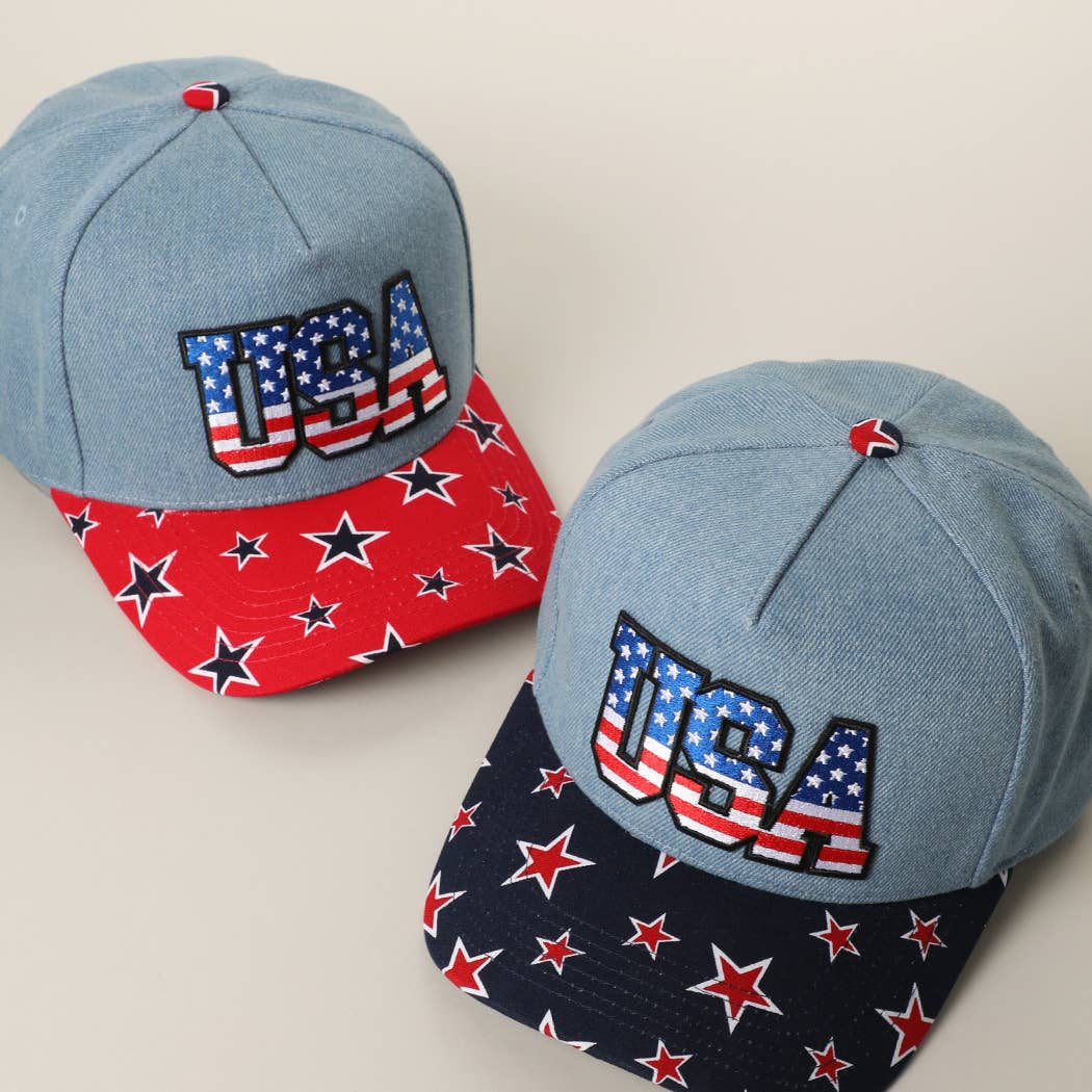 USA Embroidered Letter Patch Denim Trucker Hat: DENIM-RED / ONE SIZE { product_type }}