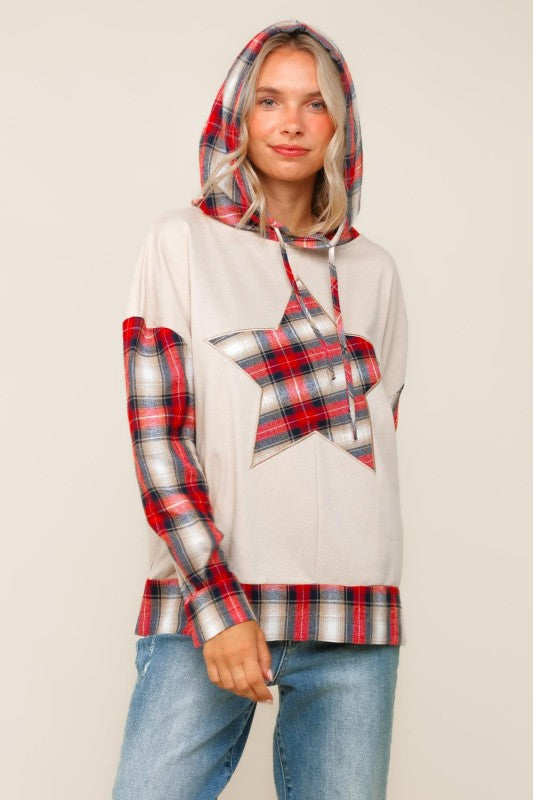 Oversized Hoodie Plaid Star-Sweaters-Haptics-Three Birdies Boutique, Women's Fashion Boutique Located in Kearney, MO