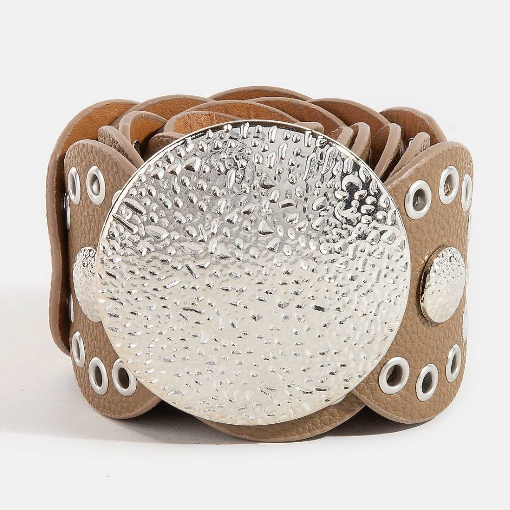 Hammered Disc Accent Faux Leather Panel Link Belt: BZS { product_type }}