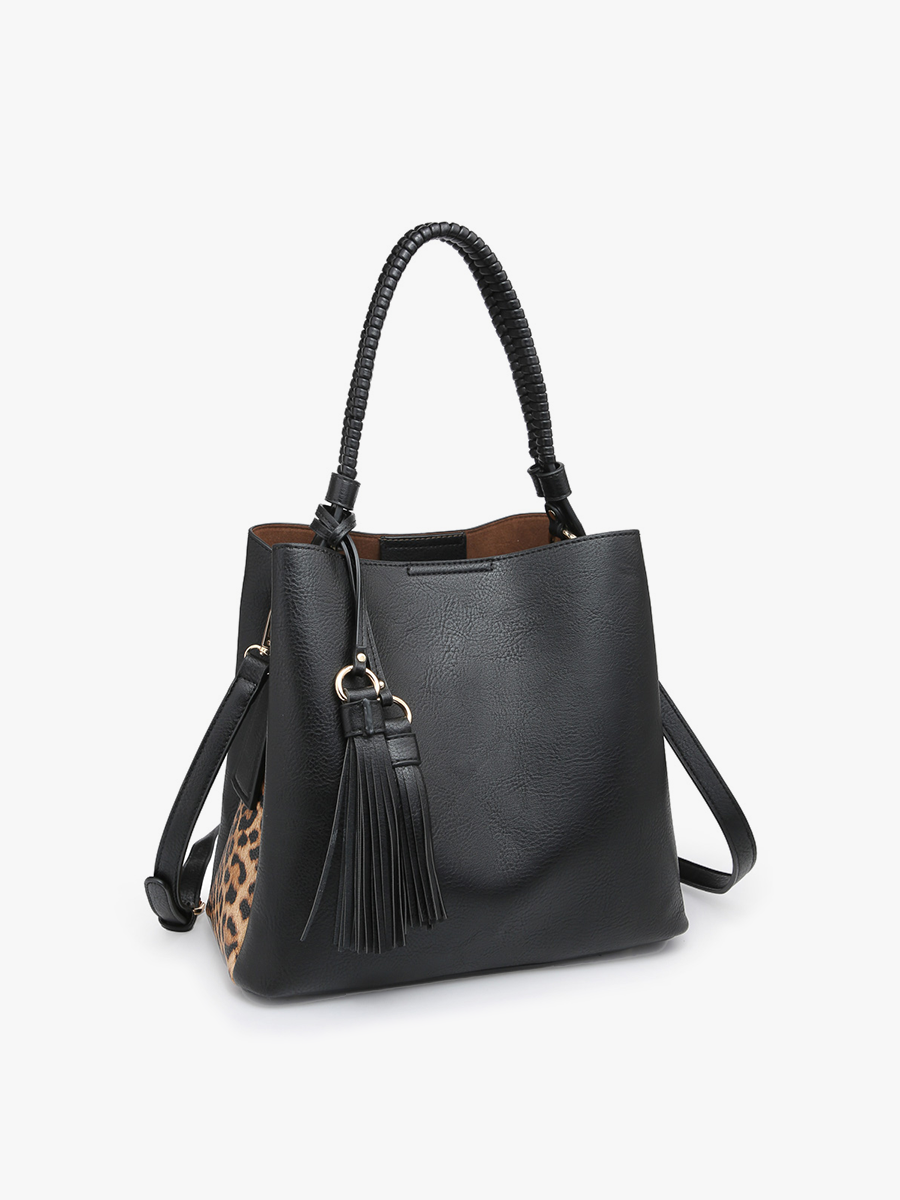 Olivia Animal Print Contrast Hobo: Black/Leopard { product_type }}