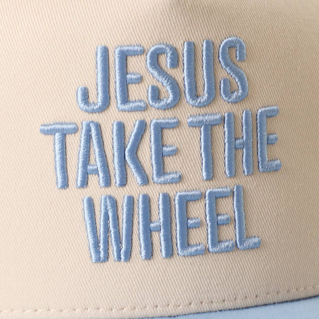 JESUS TAKE THE WHEEL 3D Embroidered Two-Tone Trucker Hat - Sky Blue { product_type }}