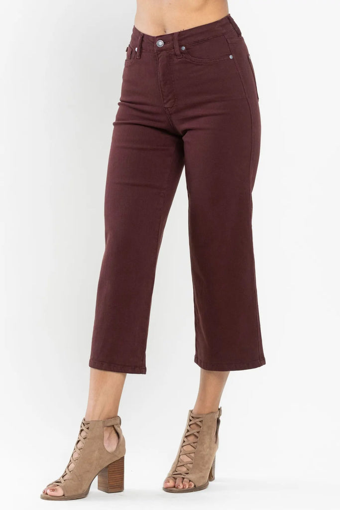 Judy Blue Cropped Wide Leg in Oxblood-Denim-Judy Blue-Three Birdies Boutique, Women's Fashion Boutique Located in Kearney, MO