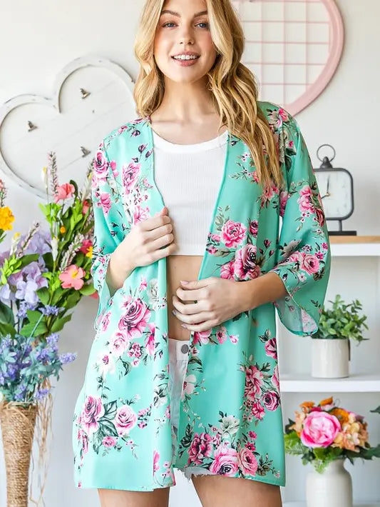 Mint & Fuchsia Floral Kimono-Shirts & Tops-Heimish-Three Birdies Boutique, Women's Fashion Boutique Located in Kearney, MO