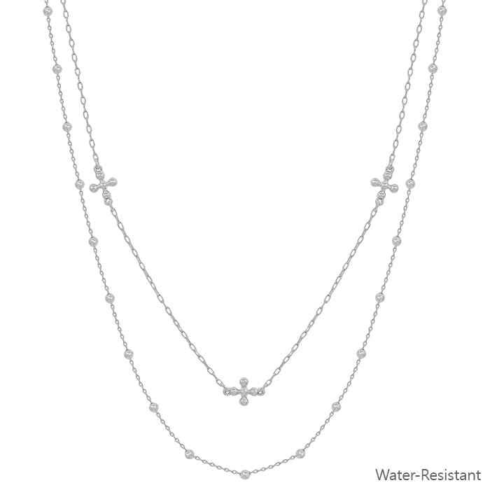 Water Resistant Double Layered Silver Cross and Beaded 16"-18" Necklace-Necklaces-What's Hot-Three Birdies Boutique, Women's Fashion Boutique Located in Kearney, MO