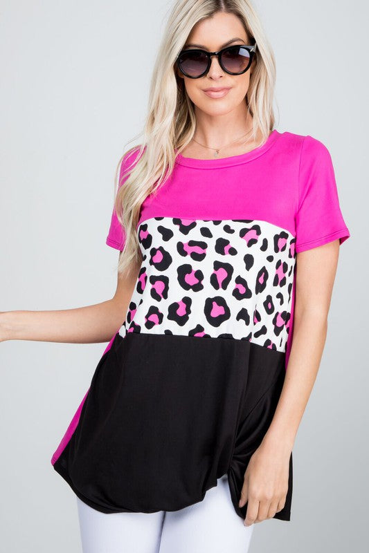 Animal Print Color Block Twisted Tee- Hot Pink-Shirts & Tops-P & Rose-Three Birdies Boutique, Women's Fashion Boutique Located in Kearney, MO