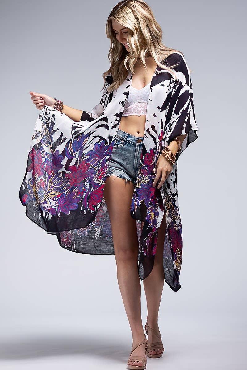 Monotone Flower Print Kimono { product_type }}