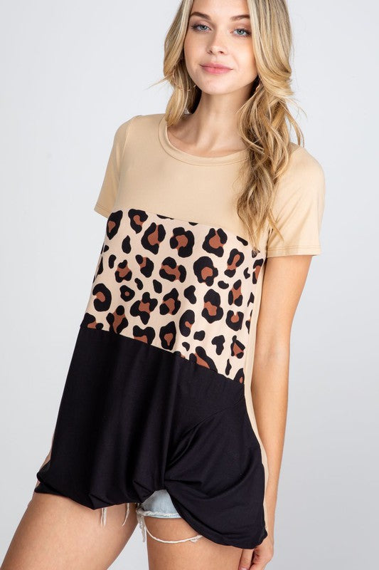 Animal Print Color Block Twisted Tee- Tan-Shirts & Tops-P & Rose-Three Birdies Boutique, Women's Fashion Boutique Located in Kearney, MO