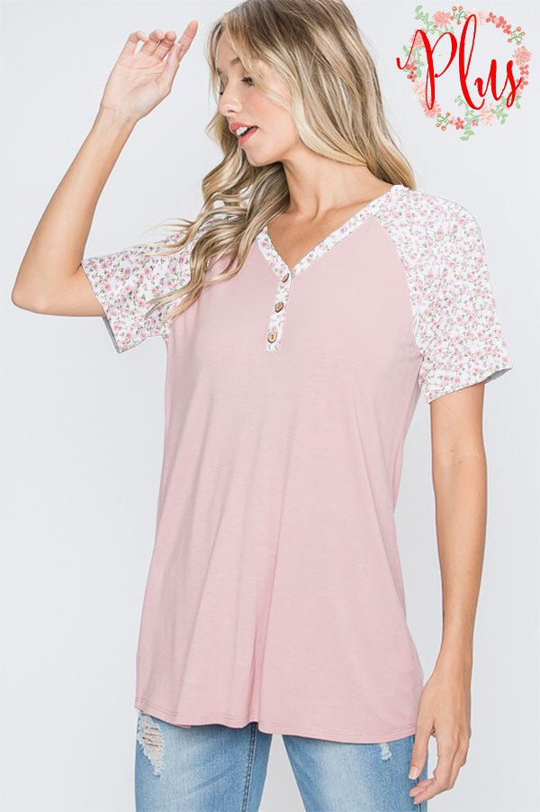 Pink Floral and Solid Top-Shirts & Tops-Heimish-Three Birdies Boutique, Women's Fashion Boutique Located in Kearney, MO