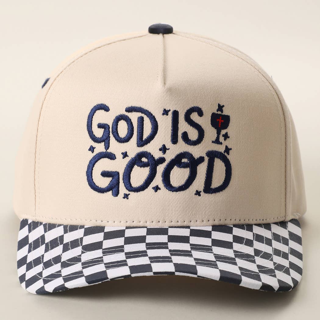 GOD IS GOOD Embroidered Checkered Brim Trucker Hat: RED / ONE SIZE { product_type }}