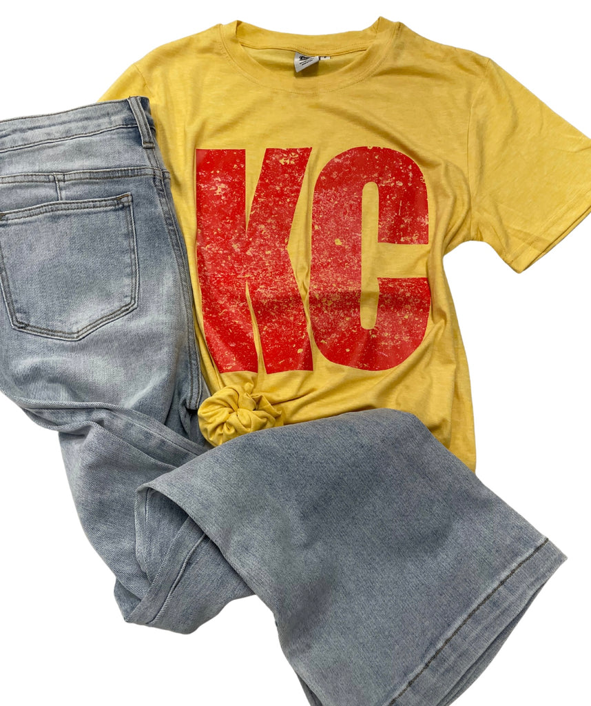 Faded Red KC Yellow Graphic Tee-Graphic Tees-Tres Birdos Graphic Tees-Three Birdies Boutique, Women's Fashion Boutique Located in Kearney, MO