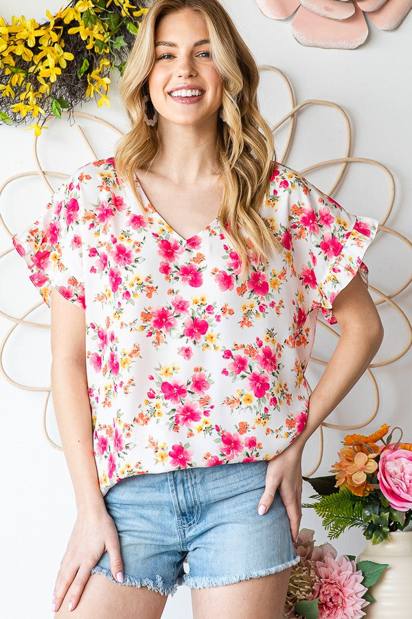 Bright Floral Ruffled Top-Shirts & Tops-Heimish-Three Birdies Boutique, Women's Fashion Boutique Located in Kearney, MO