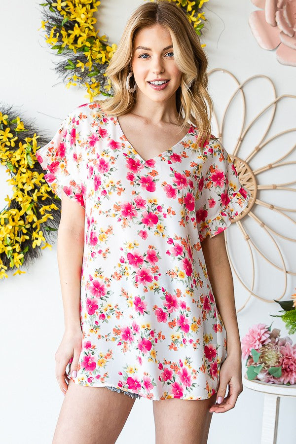 Bright Floral Ruffled Top-Shirts & Tops-Heimish-Three Birdies Boutique, Women's Fashion Boutique Located in Kearney, MO