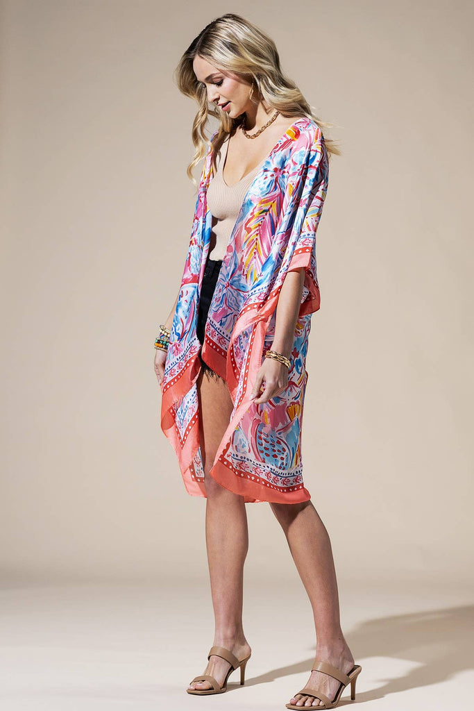 Coral Flowing Silky Feel Kimono with Flower Print-Urbanista-Three Birdies Boutique, Women's Fashion Boutique Located in Kearney, MO