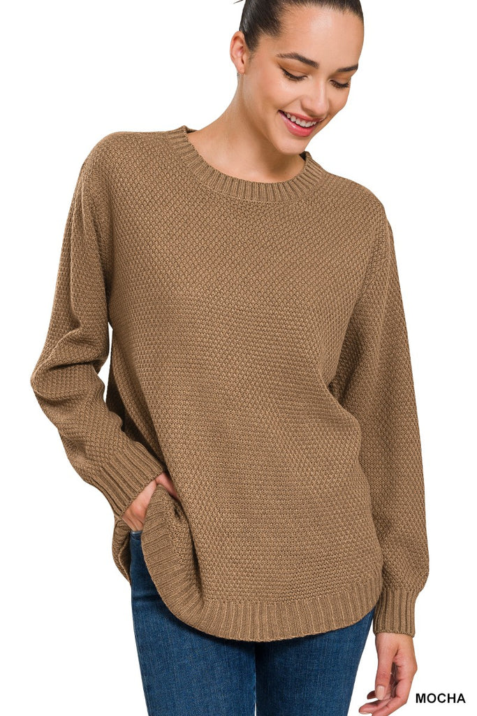 Hi-Low Long Sleeve Round Neck Sweater-Sweater-Zenana-Three Birdies Boutique, Women's Fashion Boutique Located in Kearney, MO