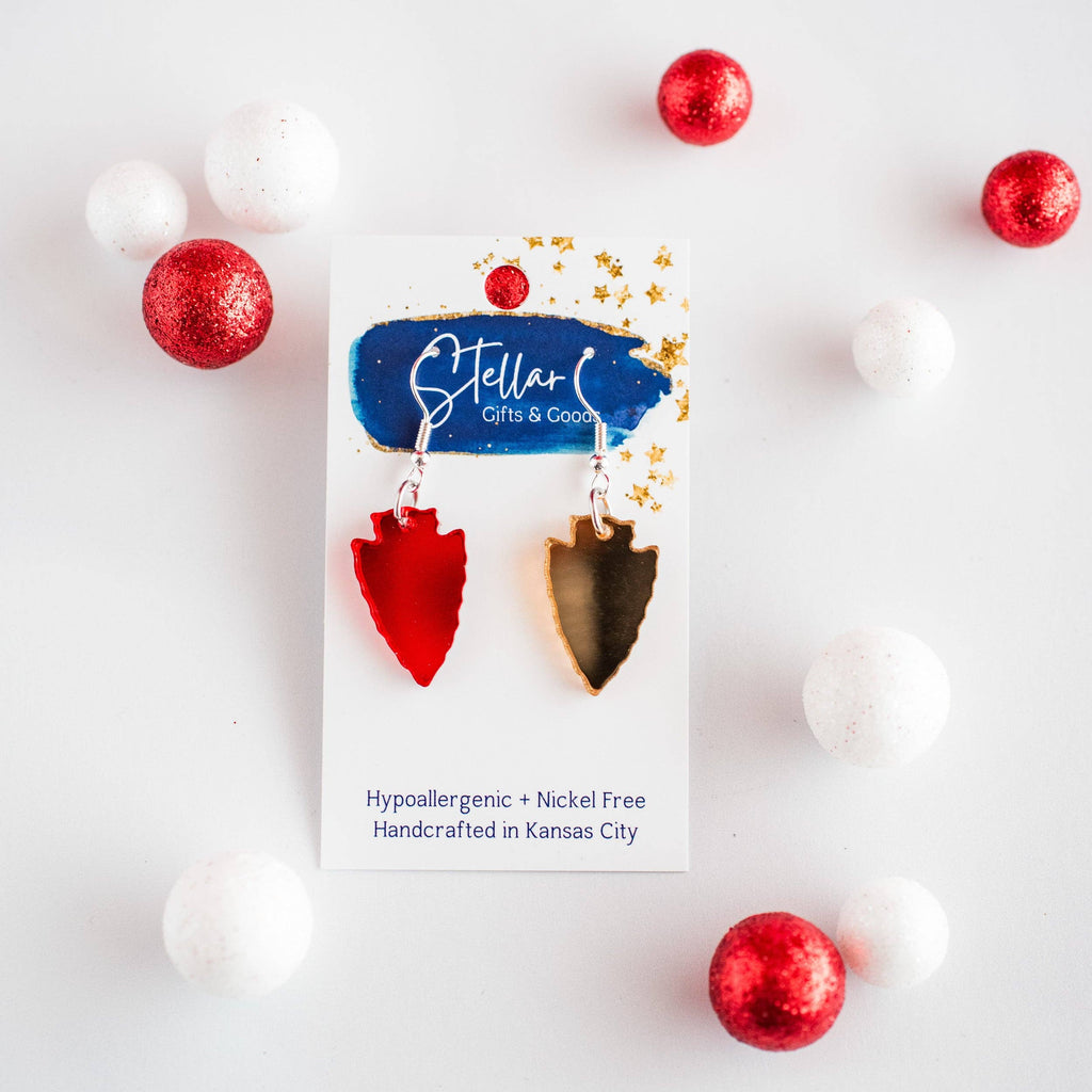 Petite Red & Gold Mirror Arrowhead Dangles KC football-Jewelry-Stellar Gifts & Goods Wholesale-Three Birdies Boutique, Women's Fashion Boutique Located in Kearney, MO
