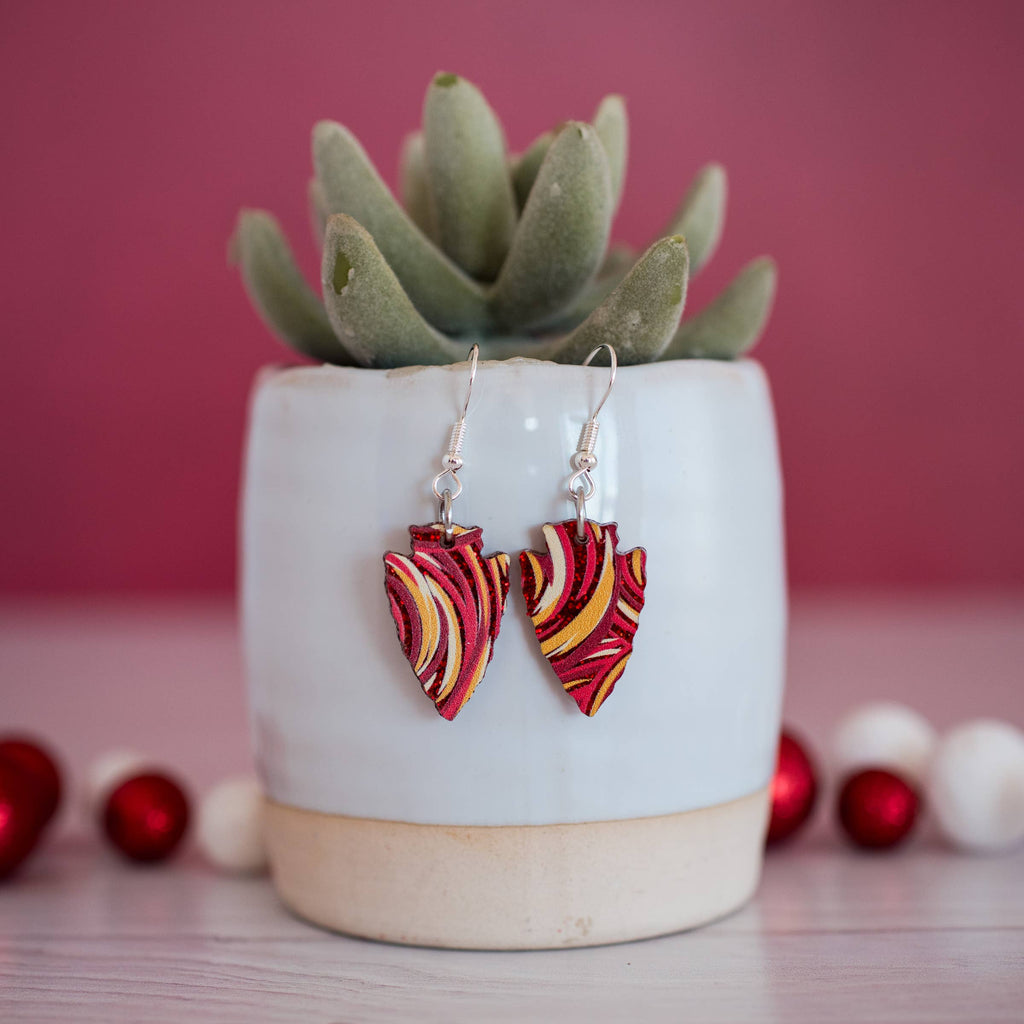 KC Football - Petite Glitter Swirl Arrowhead Dangles Red Gol-Jewelry-Stellar Gifts & Goods Wholesale-Three Birdies Boutique, Women's Fashion Boutique Located in Kearney, MO