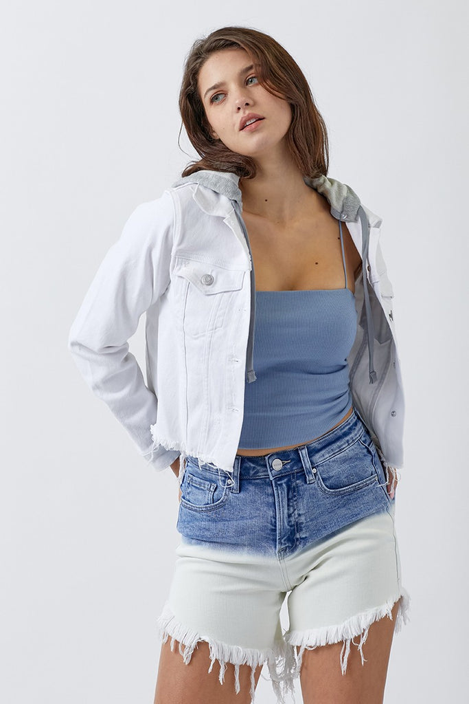 White Denim Raw Edge Jacket-Jackets-Risen-Three Birdies Boutique, Women's Fashion Boutique Located in Kearney, MO