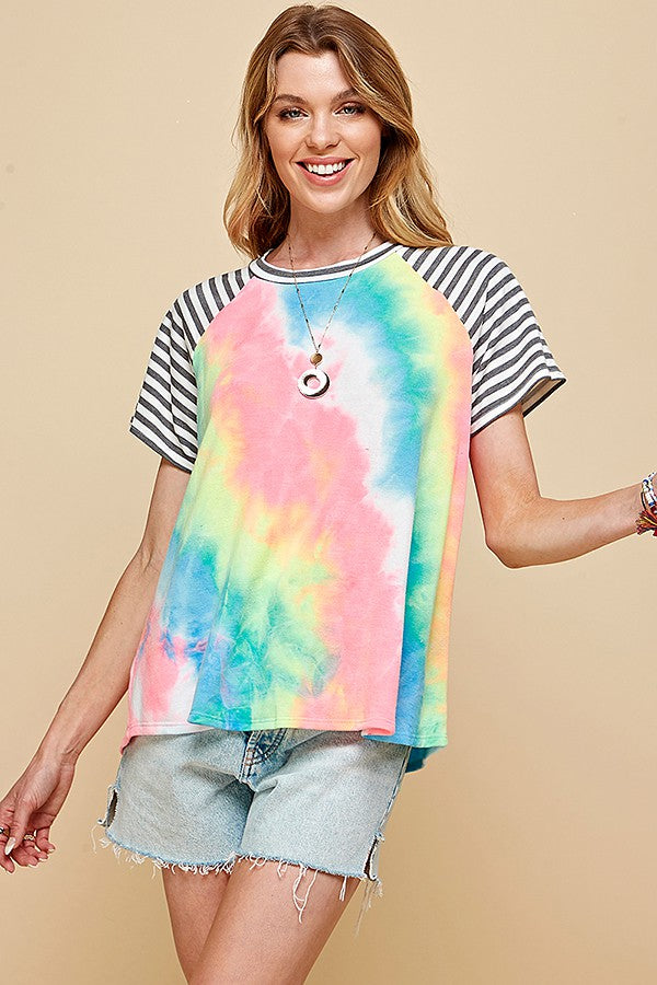 Tie Dye Color Block T-Shirt-Shirts & Tops-Shopin LA-Three Birdies Boutique, Women's Fashion Boutique Located in Kearney, MO