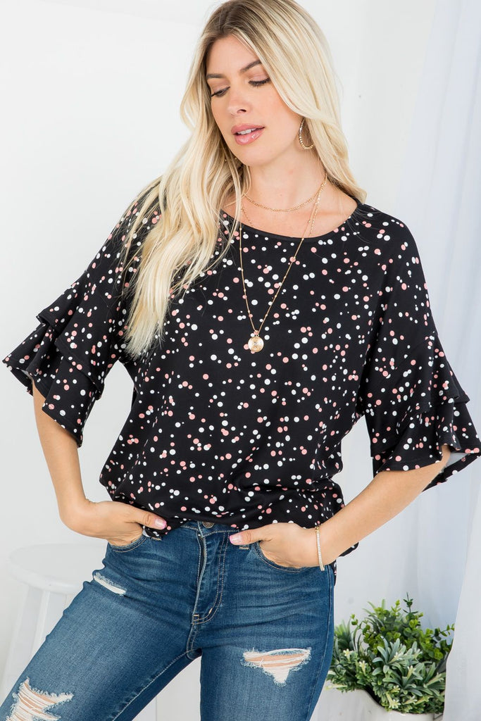 Polka Dot Ruffle Sleeve Top-Shirts & Tops-P & Rose-Three Birdies Boutique, Women's Fashion Boutique Located in Kearney, MO