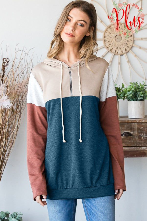 Color Block Hoodie with Zipper-Shirts & Tops-Heimish-Three Birdies Boutique, Women's Fashion Boutique Located in Kearney, MO