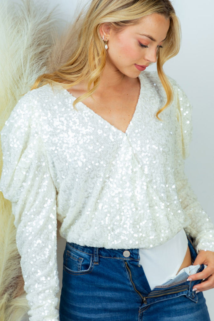 Sequined Knit Bodysuit-Sweater-White Birch-Three Birdies Boutique, Women's Fashion Boutique Located in Kearney, MO