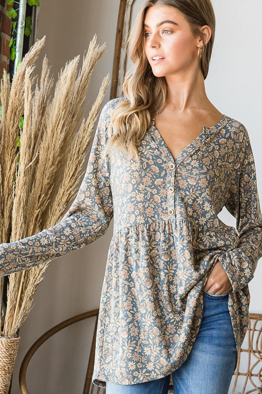 Long Sleeve Floral Baby Doll Top-Sweater-Heimish-Three Birdies Boutique, Women's Fashion Boutique Located in Kearney, MO