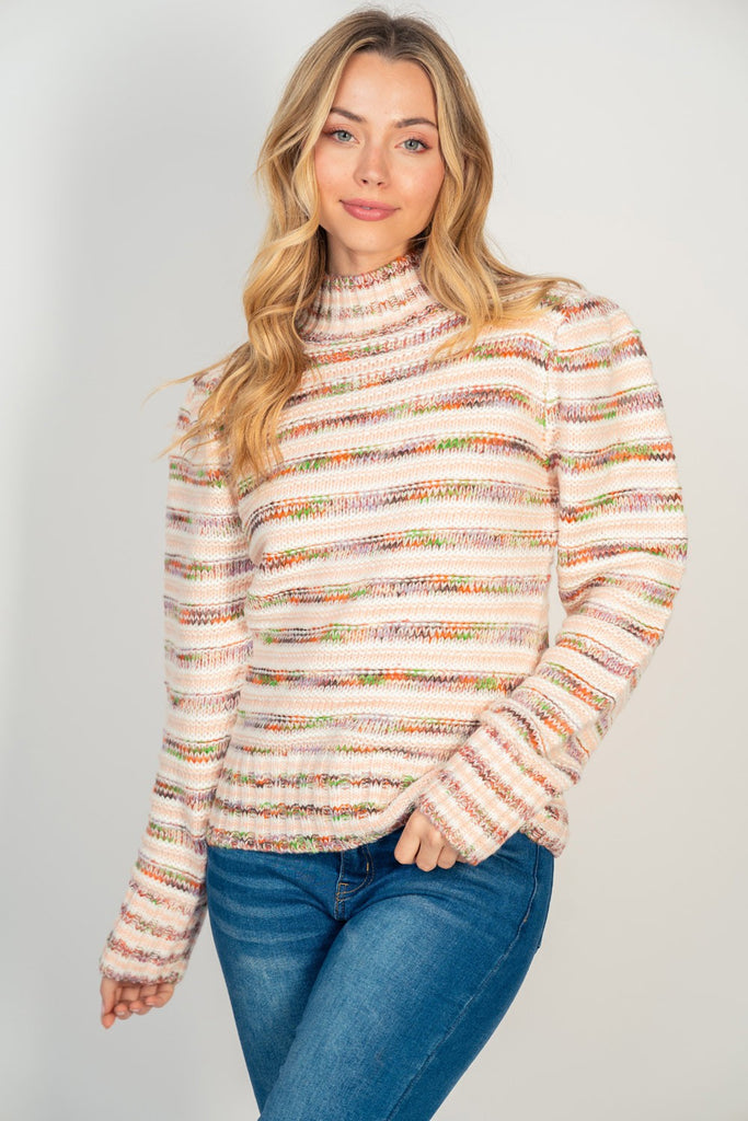 Mockneck Striped Sweater-Sweater-White Birch-Three Birdies Boutique, Women's Fashion Boutique Located in Kearney, MO