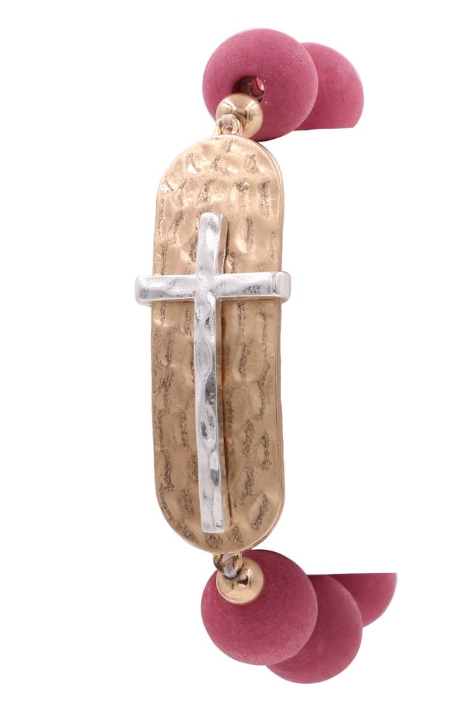 Wood Bead & Cross Stretch Bracelet-Jewelry-Artbox-Three Birdies Boutique, Women's Fashion Boutique Located in Kearney, MO