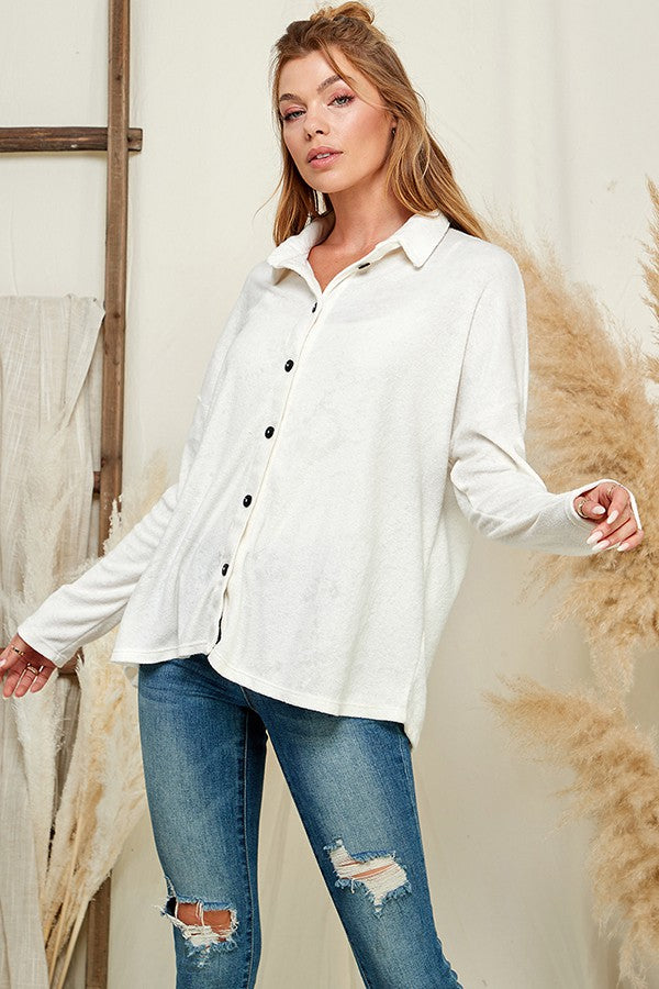 Crushed Suede Button Up Blouse-Shirts & Tops-BLUMIN-Three Birdies Boutique, Women's Fashion Boutique Located in Kearney, MO
