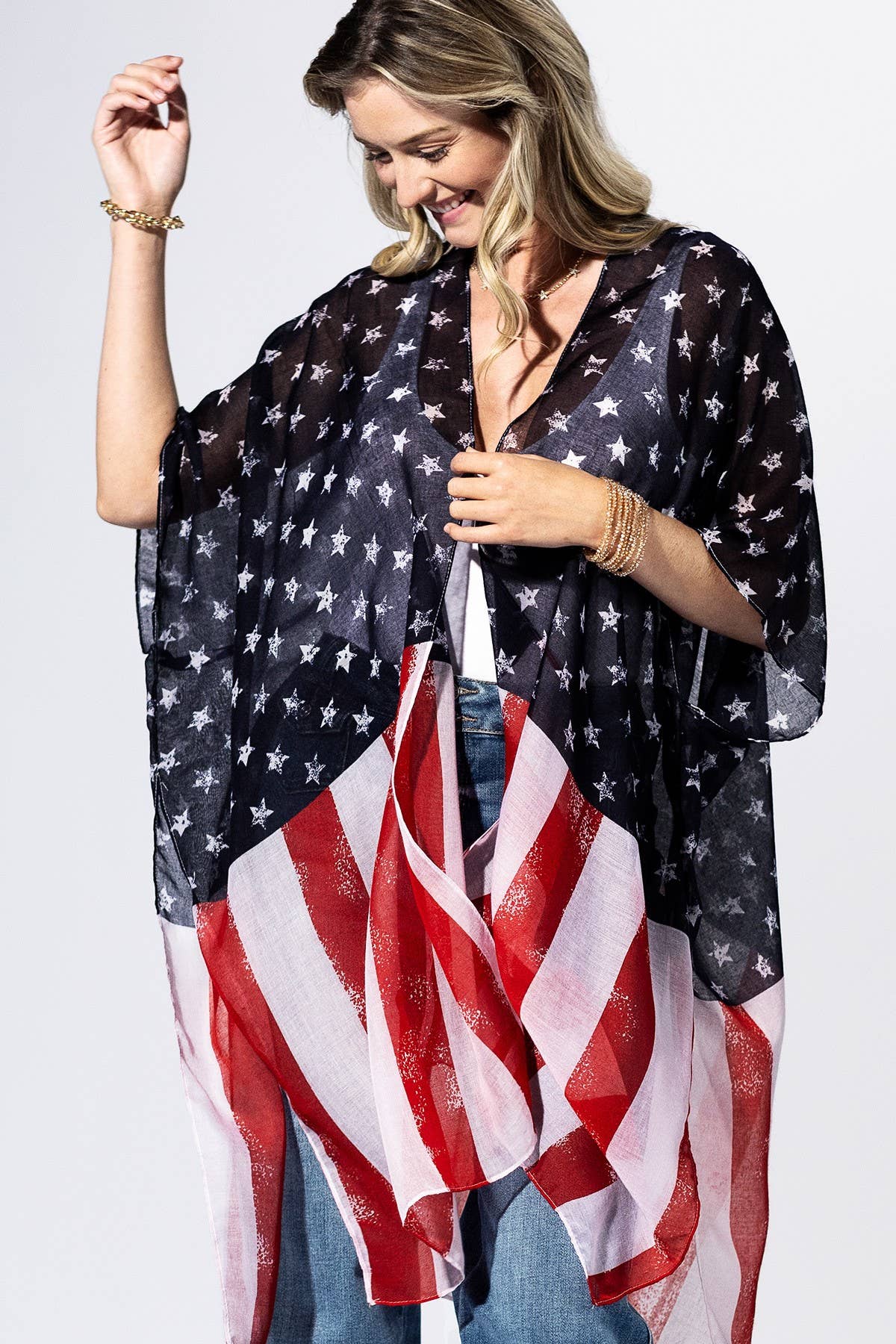 Navy Flag Stars & Stripes Kimono: NAVY FLAG-Urbanista-Three Birdies Boutique, Women's Fashion Boutique Located in Kearney, MO