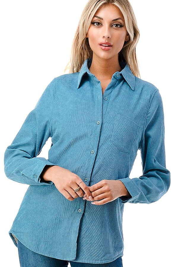 Corduroy Button Down Shirt-Sweater-Luna-Three Birdies Boutique, Women's Fashion Boutique Located in Kearney, MO