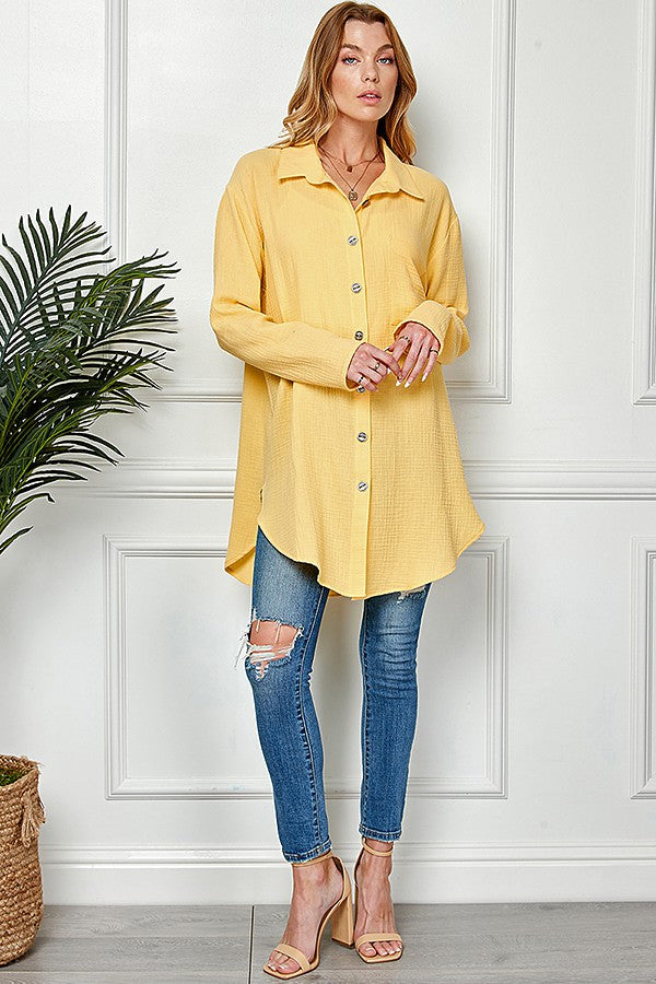 Sunshine Yellow Button Up-Shirts & Tops-BLUMIN-Three Birdies Boutique, Women's Fashion Boutique Located in Kearney, MO