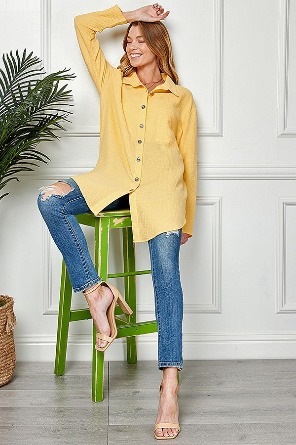 Sunshine Yellow Button Up-Shirts & Tops-BLUMIN-Three Birdies Boutique, Women's Fashion Boutique Located in Kearney, MO