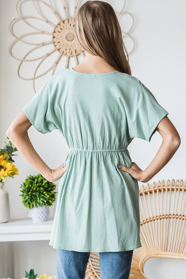 Sage Surplice Woven Top-Shirts & Tops-Heimish-Three Birdies Boutique, Women's Fashion Boutique Located in Kearney, MO