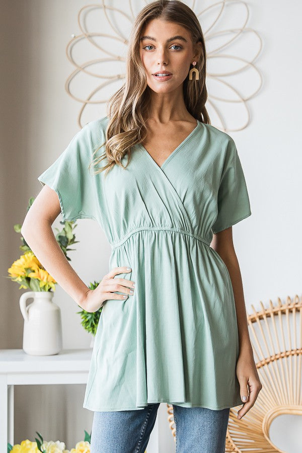 Sage Surplice Woven Top-Shirts & Tops-Heimish-Three Birdies Boutique, Women's Fashion Boutique Located in Kearney, MO